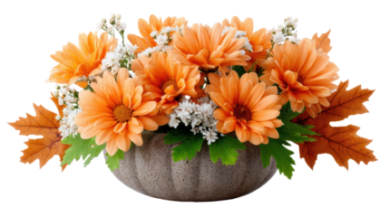 A stunning fall floral arrangement with vibrant orange chrysanthemums and autumn leaves.