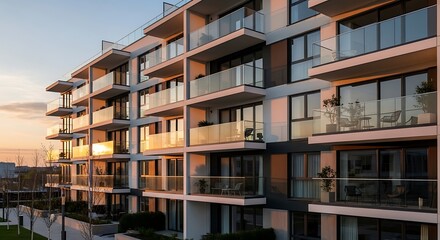 Obraz premium Modern residential building facade at sunset with stylish glass balconies and city views