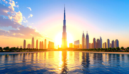 Obraz premium Dubai Cityscape at Sunset with Burj Khalifa and Skyscrapers reflected in the Water
