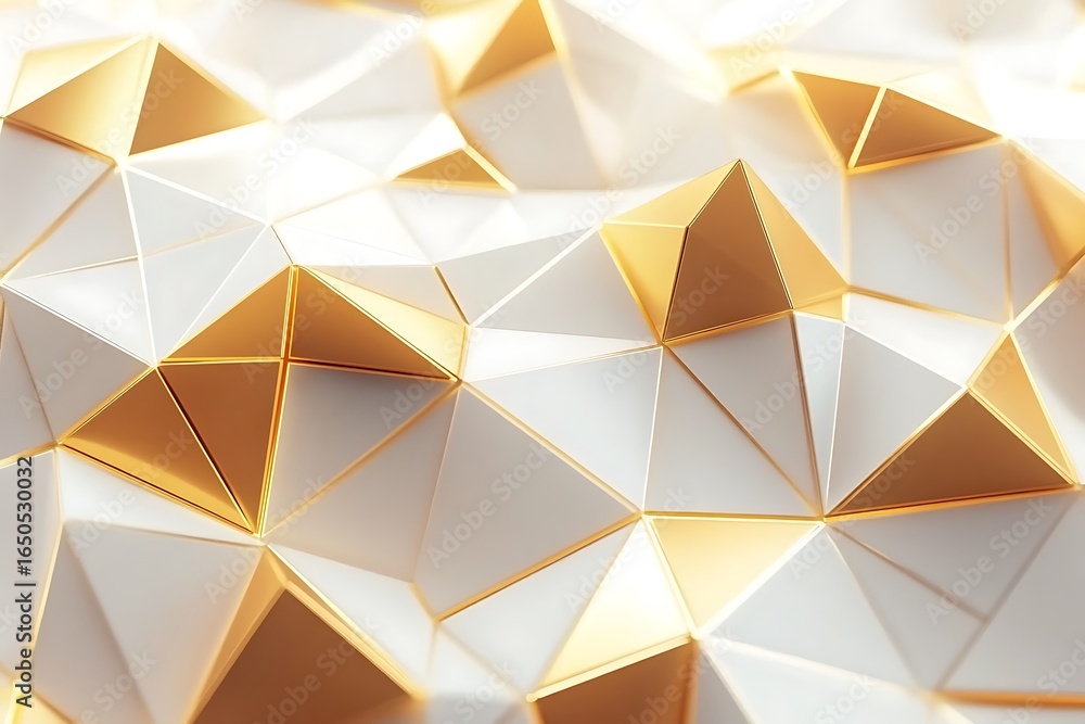 Poster a low-poly, gold and white background with triangular patterns, showcasing the elegance of geometric