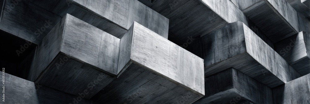 Poster abstract architectural design featuring a textured concrete structure with interlocking blocks under