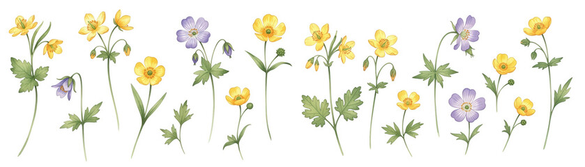 Colorful botanical illustration featuring vibrant yellow and purple flowers on green stems.