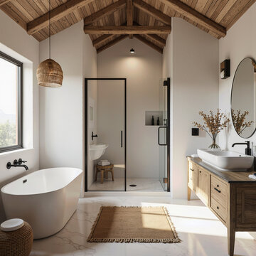 A serene rustic-modern bathroom with a vaulted wood-beamed ceiling, a freestanding tub, and a glass shower, creating a warm, airy, and spa-like sanctuary.
