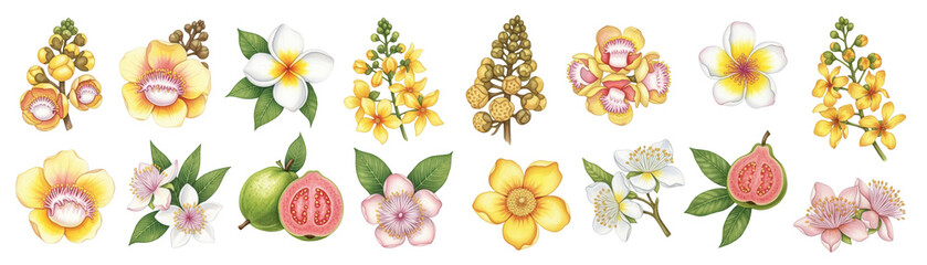 A vibrant collection of tropical flowers and fruits, showcasing their beauty and diversity.