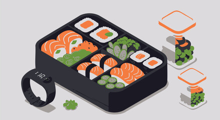 Healthy Sushi Bento Box Lunch Plan Isometric Illustration