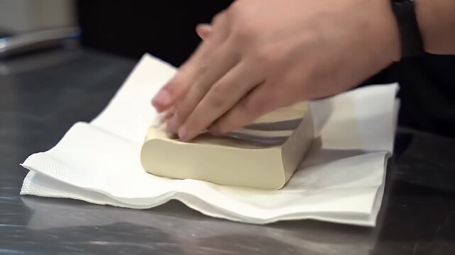 Close Up of Hands Pressing Firm Tofu Wrapped in White Paper Towel Demonstrating Preparation Method on Silver Metal Surface For Vegetarian Cooking and Healthy Plant Based Diet More Than 170 Character