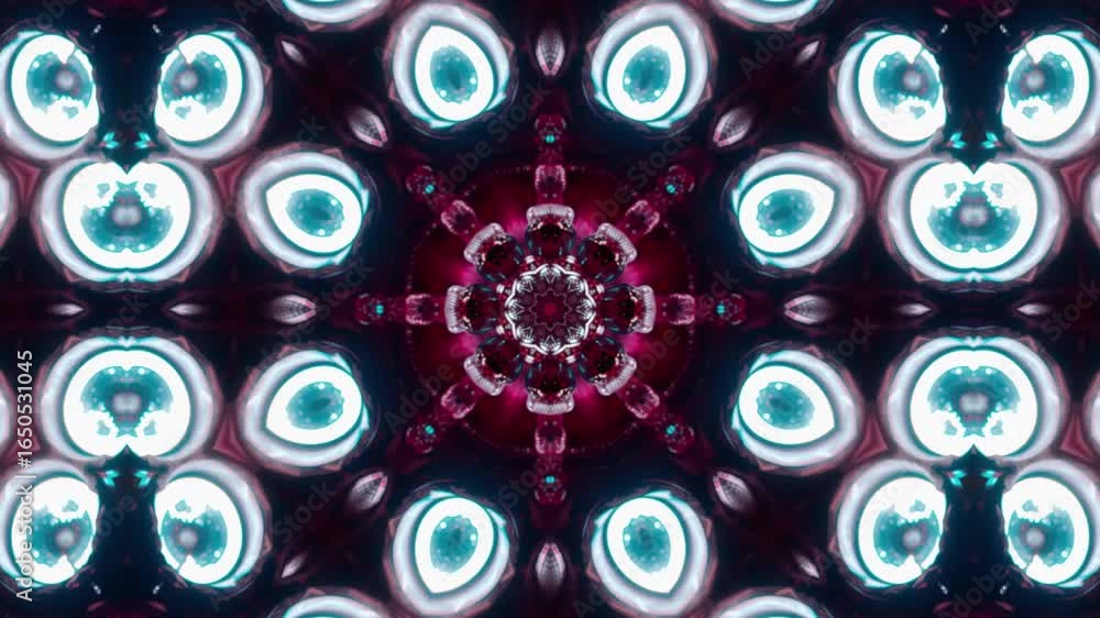 Poster hypnotic kaleidoscopic patterns with vibrant red and gold lights creating a mesmerizing visual journ