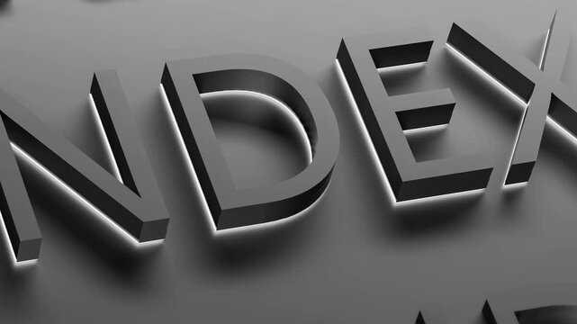 INDEX text, illuminated word inscription. Stock market index, stock trading, financial business concept, animation. 3D render