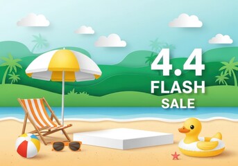 Naklejka premium Summer flash sale promotion on a tropical beach with beach chair, umbrella, ball, sunglasses, and rubber duck