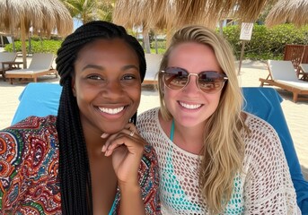 Two happy diverse women friends smiling at the beach during a sunny summer vacation, enjoying leisure time together