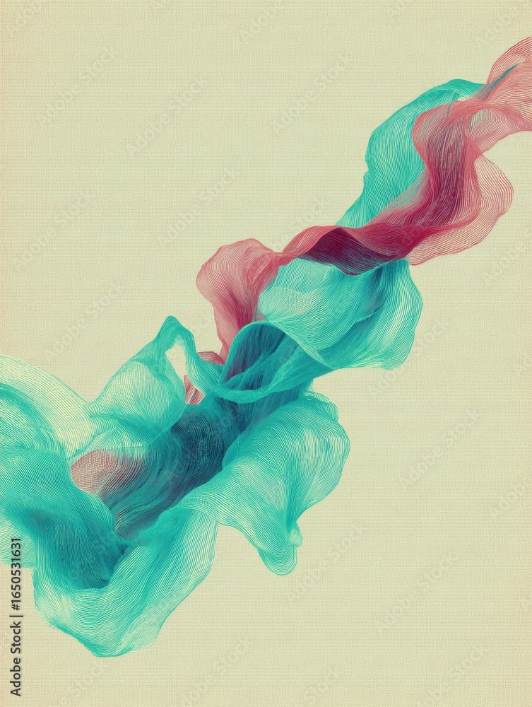 Poster dynamic swirling fabric design in vibrant colors with soft gradients flowing against a neutral backg