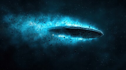 Obraz premium 3D Rendering Illustration Concept. Futuristic Spaceship Surrounded by Cosmic Dust and Bright Stars in Deep Space Background