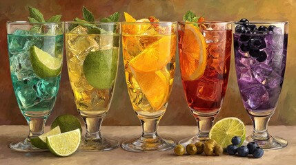 Assorted colorful cocktails, with ice cubes and fruit garnish, on a beige surface. Showcase beverage menu options and refreshing summer drink recipes online.