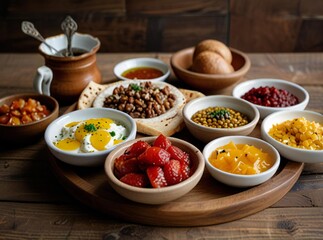 Delicious middle eastern breakfast spread with various dips and breads