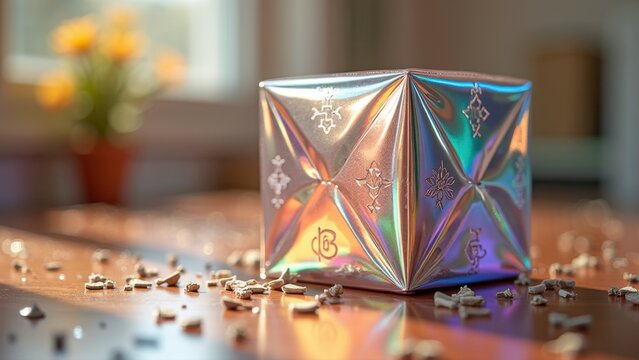 Holographic iridescent cube on wooden surface with decorative symbols