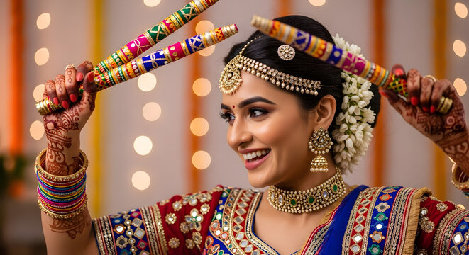 Joyful Indian Woman Dancing Dandiya Raas: Navratri Celebration