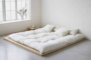 A minimalist off-white futon mattress rests on a light wood platform, positioned on a light grey floor in a bright, airy room near a large window with dried flowers