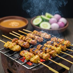 colorful Satay skewers on a rustic charcoal grill,   The meat is perfectly charred and glistening, with a blurred bowl of peanut sauce and sliced onions/cucumbers 
