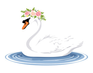 Illustration of a lovely swan with a beautiful flower garland on its head