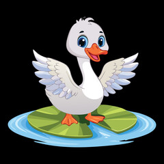A cute cartoon duckling with small wings and a happy smile on a lily pad