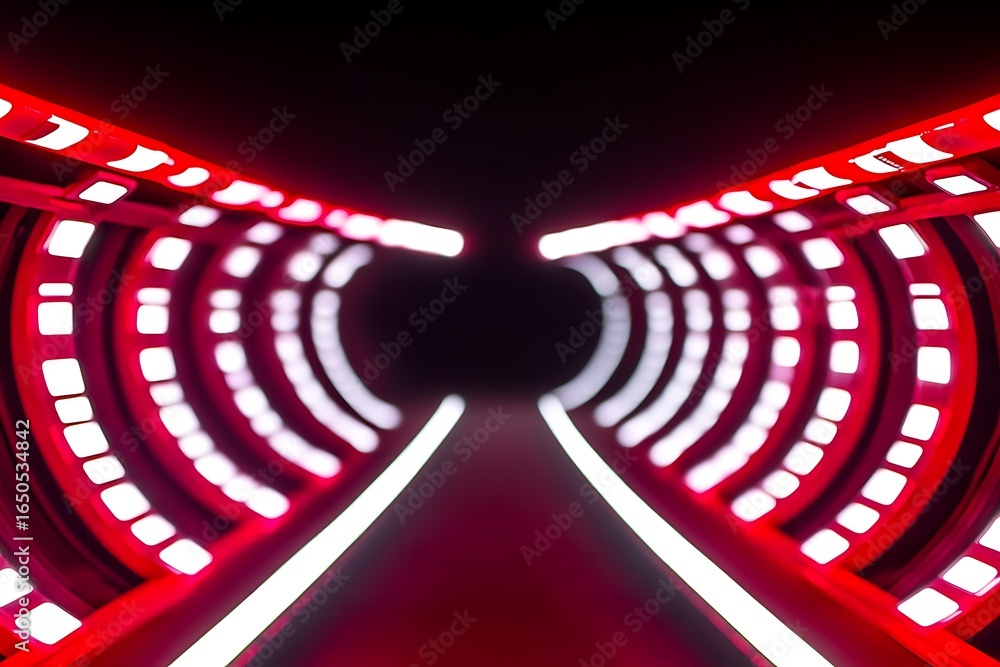 Poster red and white led lights in the shape of an abstract background with curved lines,