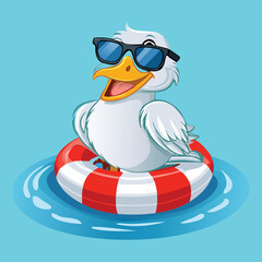 Illustration of a funny seagull wearing sunglasses on a lifebuoy