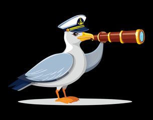 Illustration of a cartoon seagull wearing a sailor hat with a spyglass