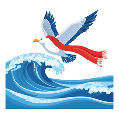 Illustration of a seagull with a red scarf on a white background