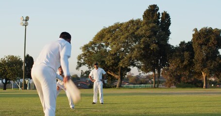 Training Indian batsman flipping bat overhead while bowler running and fielder diving catching ball - Powered by Adobe