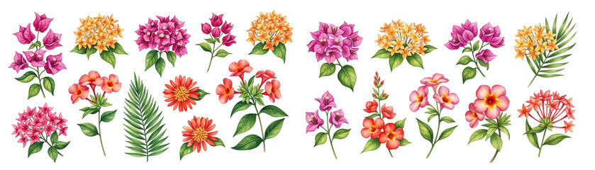 A vibrant collection of various flowers in shades of pink, orange, and yellow with lush green leaves.