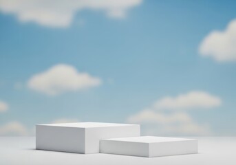 Two white podiums on a white surface against a blurred blue sky with white clouds, representing success and achievement