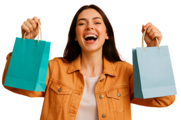Excited Woman with Shopping Bags Teal and Blue Joyful Retail Therapy Fashionable Purchase Happiness White Background
