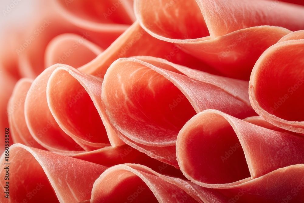 Poster close-up of thinly sliced prosciutto with delicate texture and rich color