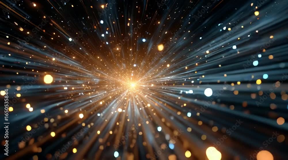 Poster cosmic explosion: an abstract, computer-generated composition bursts forth with vibrant hues of gold