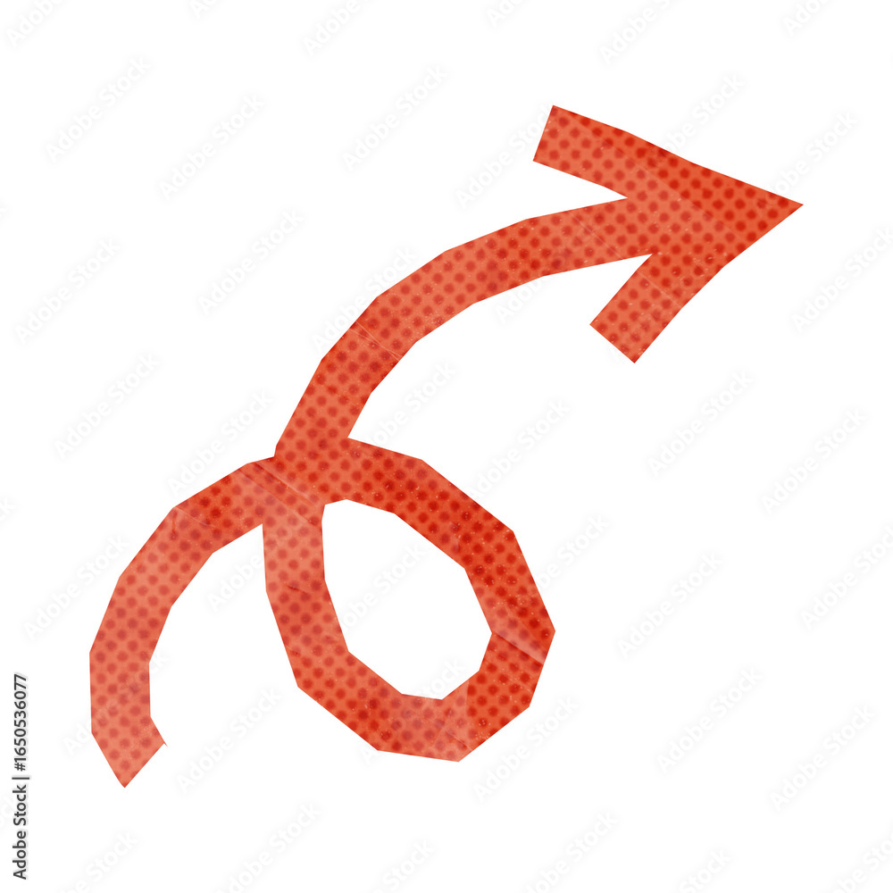Poster a whimsical red arrow with a curly twisted path and a halftone dot pattern crafted from folded paper
