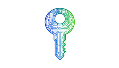 Digital key icon with circuit board pattern, isolated on transparent background.