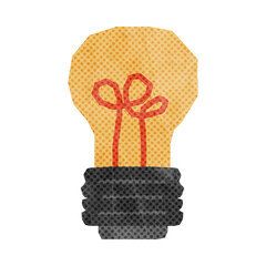 A stylized retro lightbulb illustration with a textured paper cutout and halftone dot pattern.