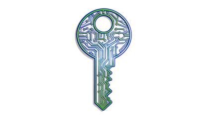 Digital key icon with circuit board pattern, isolated on transparent background