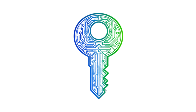 Digital key icon with circuit board pattern, isolated on transparent background.