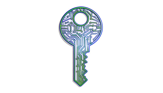 Digital key icon with circuit board pattern, isolated on transparent background