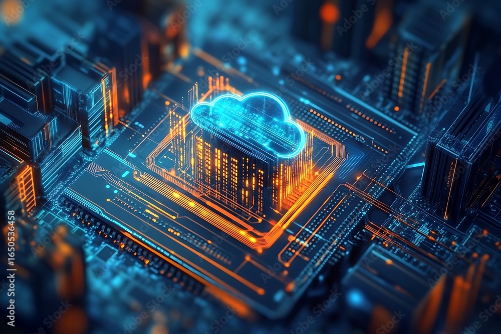 Poster a cloud icon is displayed on the chip, with an abstract building in blue and orange tones. the backg