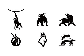 Set of Minimalist Animal Logos in Black and White