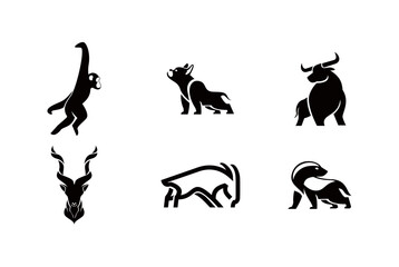 Animal Silhouettes: Gibbon, Bulldog, Bull, Kudu, and Badger Designs