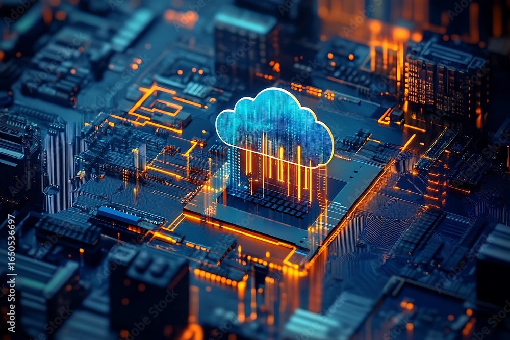 Poster a cloud icon is displayed on the chip, with an abstract building in blue and orange tones. the backg