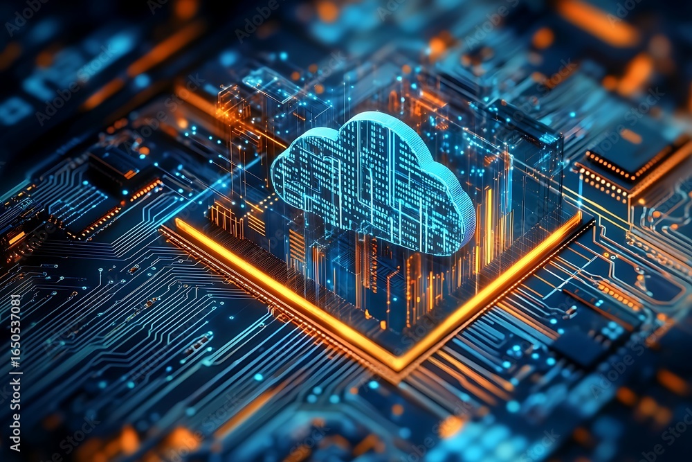 Poster a cloud icon is displayed on the chip, with an abstract building in blue and orange tones. the backg