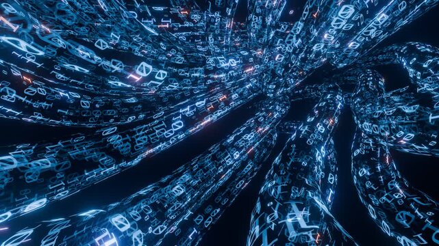Abstract digital binary data transmitting. Inside AI concept. Technology, machine learning, big data, virtualization. Product background. Seamless loop. Created using non-AI 3d Software