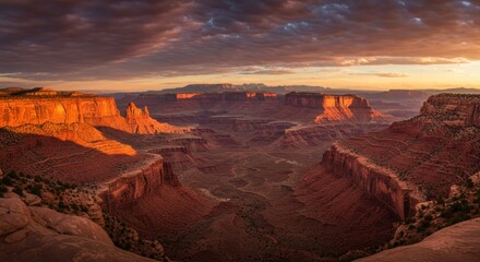 Naklejka premium Grand Canyon landscape at sunset with dramatic orange and red rock formations, layered cliffs, deep valley, expansive view, and colorful sky with clouds and sunlight filtering through