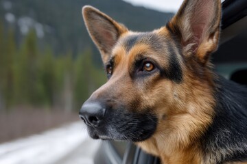 German shepherd dog enjoying car ride in scenic mountain landscape