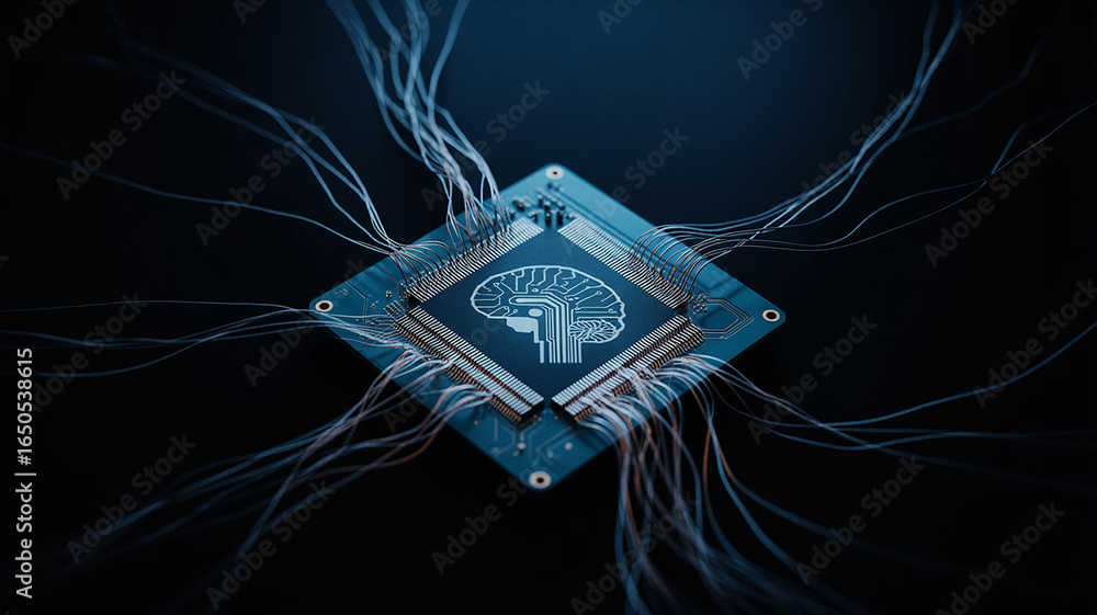 Poster computer chip with the logo of an artificial intelligence brain is surrounded by wires and cables