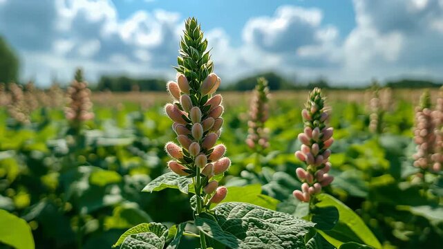 Scenic Field of Blooming Lupinus Mutabilis plants under a Clear Blue Sky in Daytime